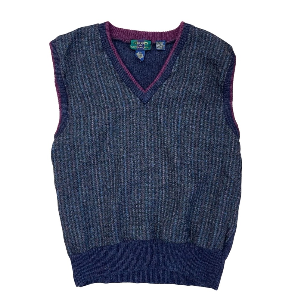 VTG Wool Sweater Vest LG Multi Colours Navy Blue Ivy Academia Grandpa Business
